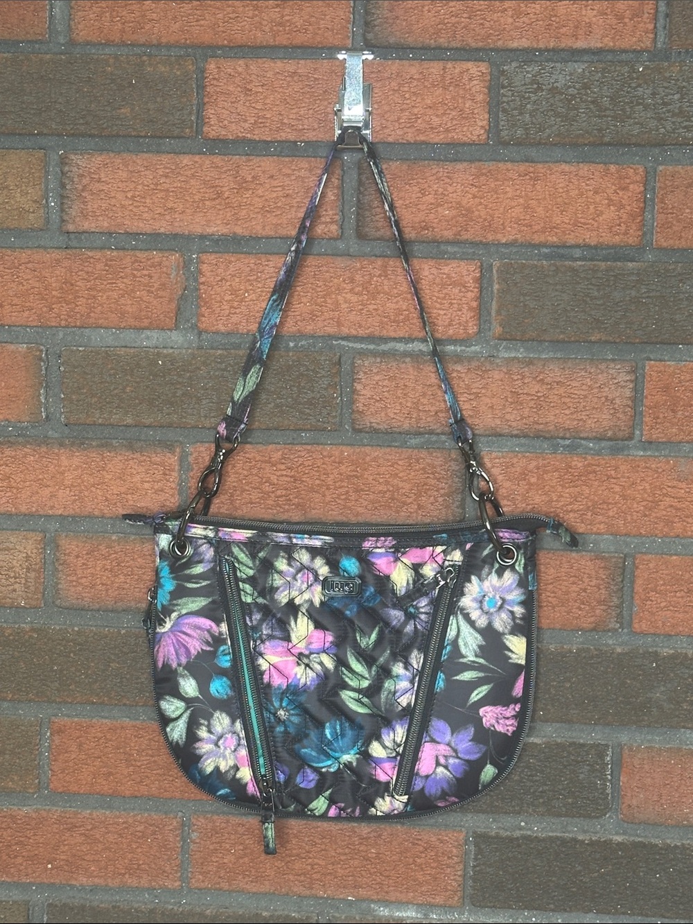 Lug Swivel Quilted Shoulder Bag - Black with Multicolor Flowers